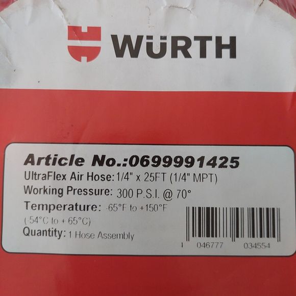 UltraFlex Air Hose WURTH 1/4" x 25FT 0699991425 1/4" MPT Pressure 300 P.S.I. 70 - Picture 2 of 7